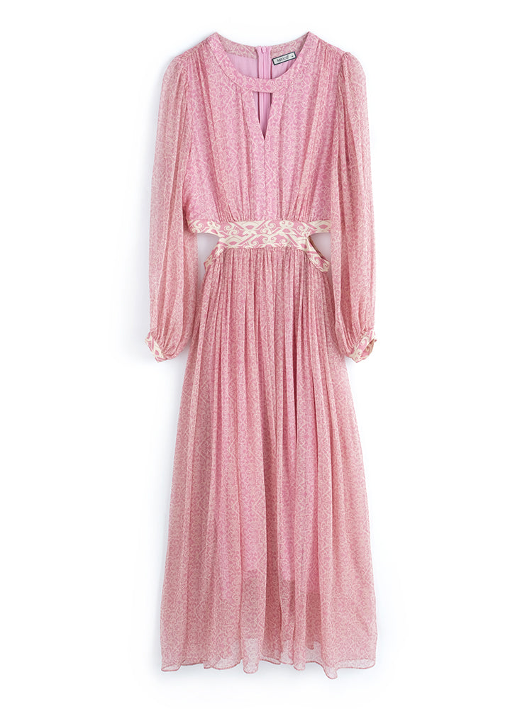 Floral Silk Maxi Dress - V-neck Long Sleeve Swing Dress