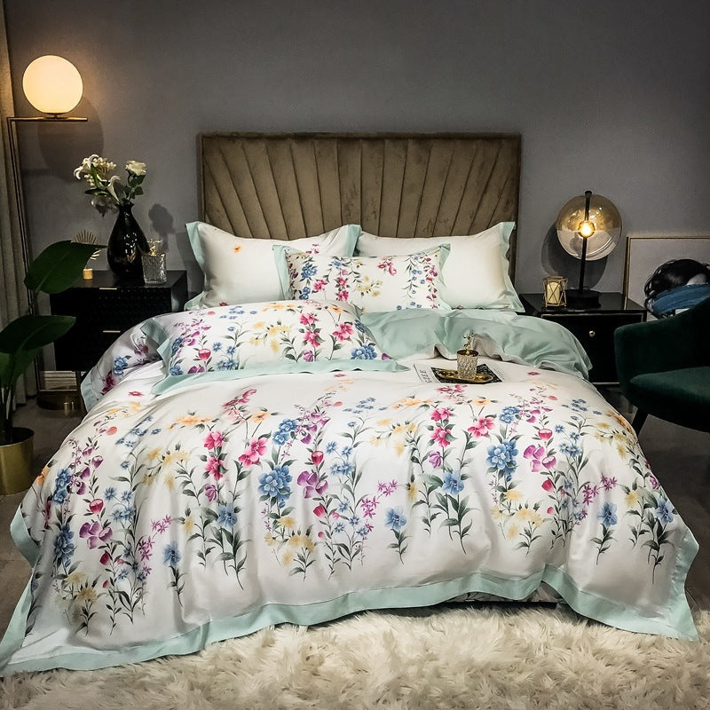 Double-Sided Ice Silk 4-Piece Bedding Set - Tencel Reactive Printed with Quilt Cover, Sheet, and 2 Pillowcases