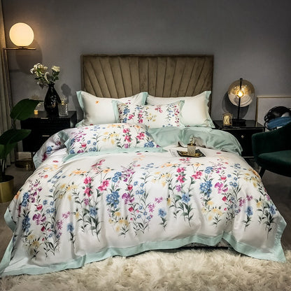 Double-Sided Ice Silk 4-Piece Bedding Set - Tencel Reactive Printed with Quilt Cover, Sheet, and 2 Pillowcases