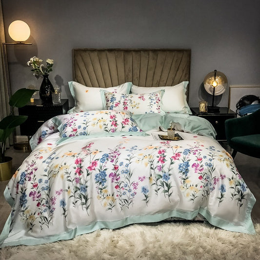 Double-Sided Ice Silk 4-Piece Bedding Set - Tencel Reactive Printed with Quilt Cover, Sheet, and 2 Pillowcases