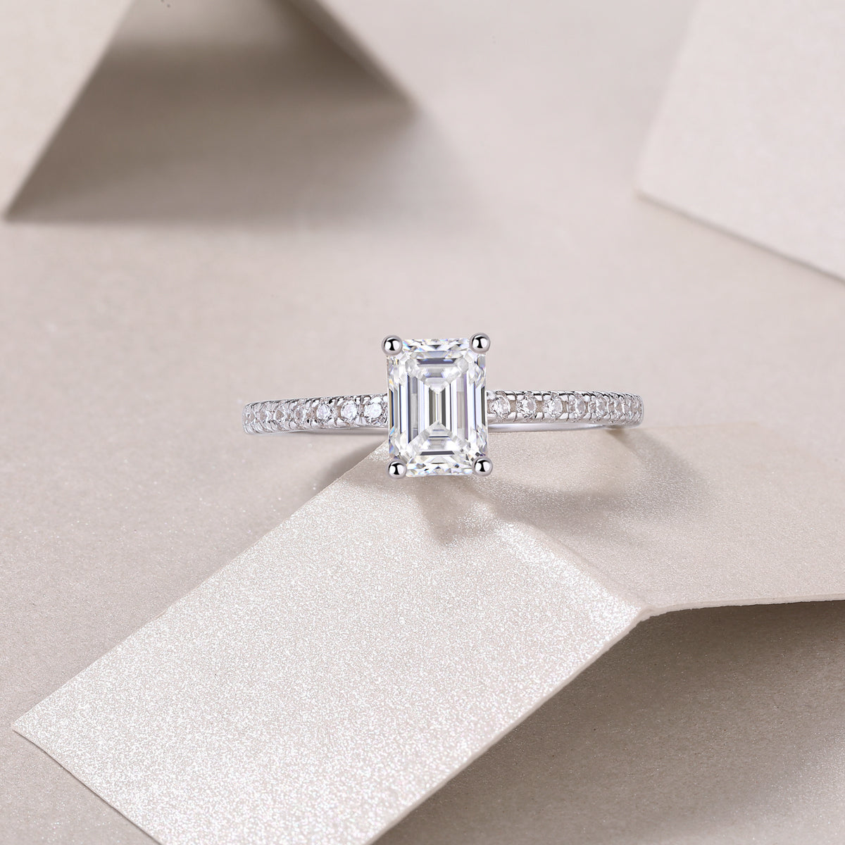 Octagonal Moissanite Sterling Silver Ring - Platinum Plated Wedding Band