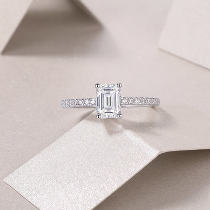 Octagonal Moissanite Sterling Silver Ring - Platinum Plated Wedding Band