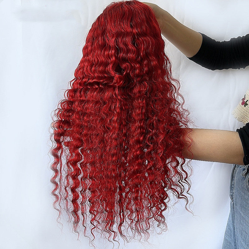 Red Deep Wave Human Hair Wig - Hand-Woven Real Hair Headpiece