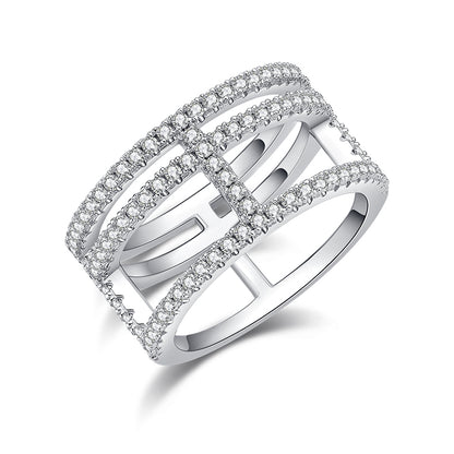 Moissanite Sterling Silver Ring - Platinum Plated Wedding Band