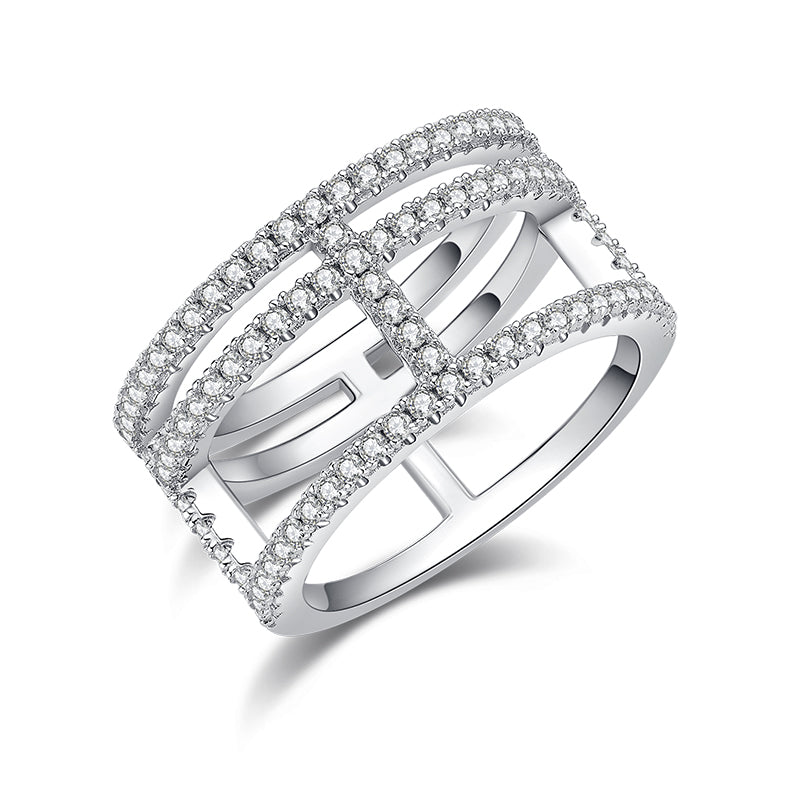 Moissanite Sterling Silver Ring - Platinum Plated Wedding Band