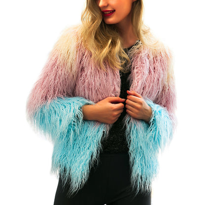Women's Warm Faux Fur Coat - Winter Gradient Color Cardigan Jacket
