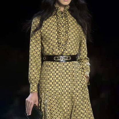 Women's Printed Silk Midi Dress - High-Waist A-Line Long Sleeve Dress