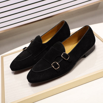 Women's Frosted Cowhide Suede High-End Dress Shoes - Double Monk Strap for Weddings & Formal Events