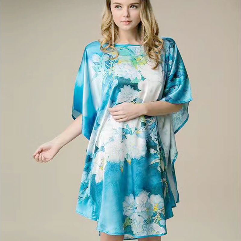 Women's Luxe Silk Bat Sleeve Nightdress - 100% Mulberry Silk Loose Fit Pajama Dress with Inkjet Prints