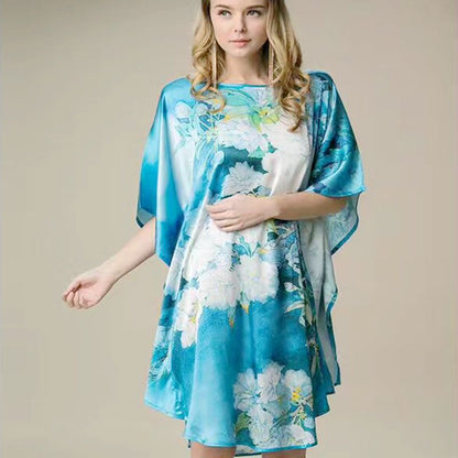 Women's Luxe Silk Bat Sleeve Nightdress - 100% Mulberry Silk Loose Fit Pajama Dress with Inkjet Prints
