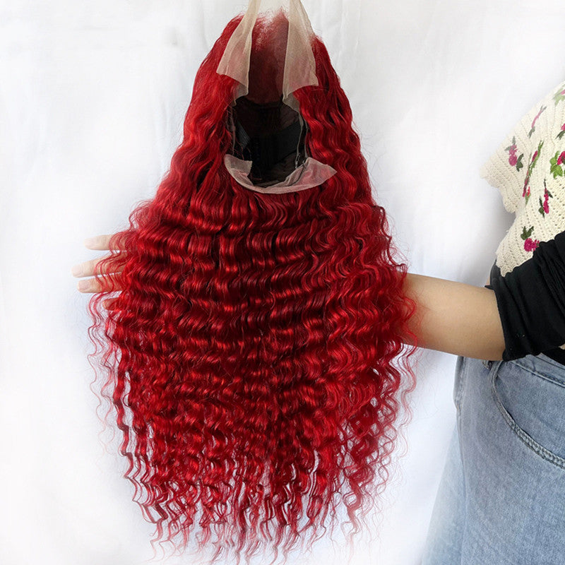 Red Deep Wave Human Hair Wig - Hand-Woven Real Hair Headpiece
