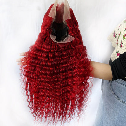 Red Deep Wave Human Hair Wig - Hand-Woven Real Hair Headpiece