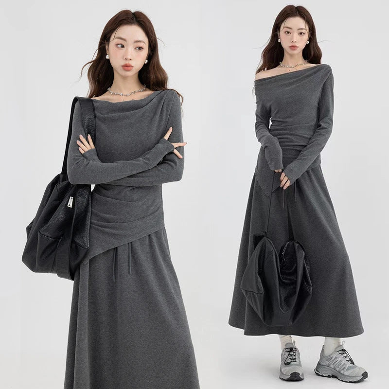 Women's Casual Asymmetrical Top and Off-the-Shoulder Skirt Set - Elegant Commute Style