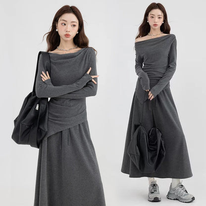 Women's Casual Asymmetrical Top and Off-the-Shoulder Skirt Set - Elegant Commute Style