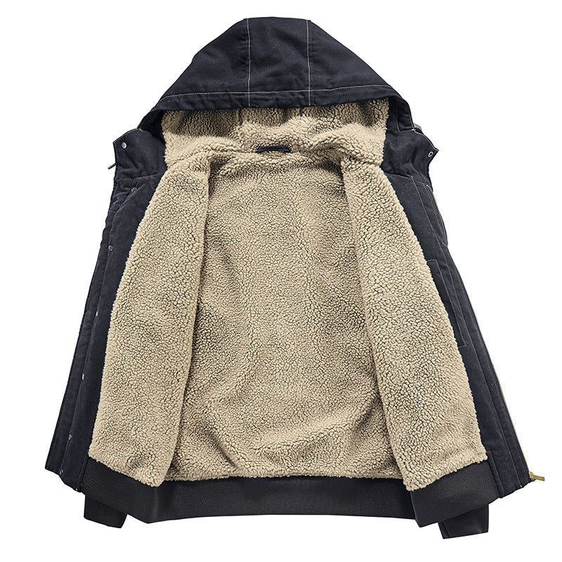 Men's Hooded Cotton Coat - Loose Fit Jacket with Fur Collar