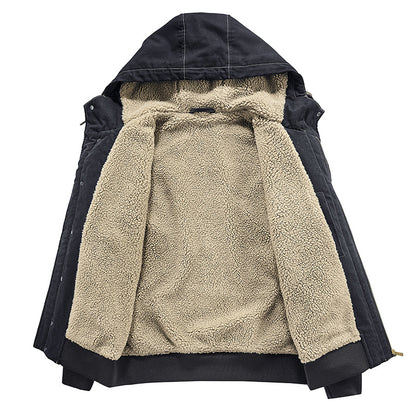 Men's Hooded Cotton Coat - Loose Fit Jacket with Fur Collar