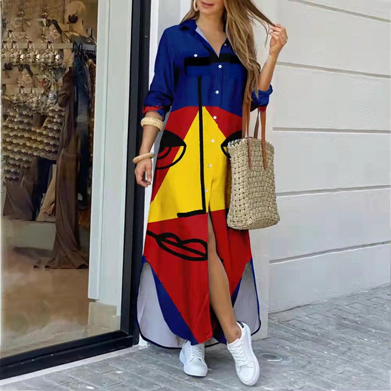 Women's Fashion Long Sleeve Printed Maxi Dress - Irregular Hem Single-Breasted Dress