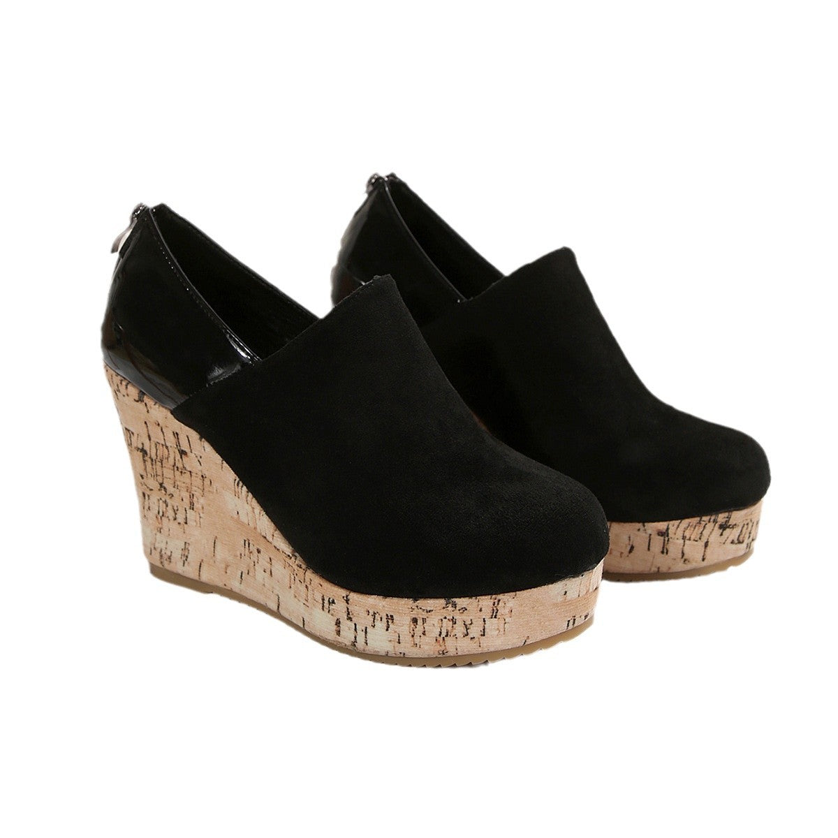 Women's Suede Wedge Heel Shoes with Back Zipper - Round Toe