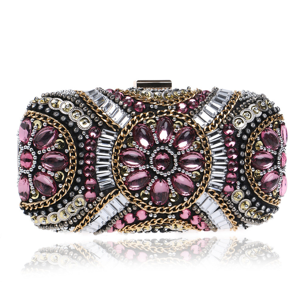 Beaded Embroidery Evening Bag - Rhinestone Clutch Purse with Hard Handle