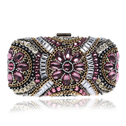 Beaded Embroidery Evening Bag - Rhinestone Clutch Purse with Hard Handle