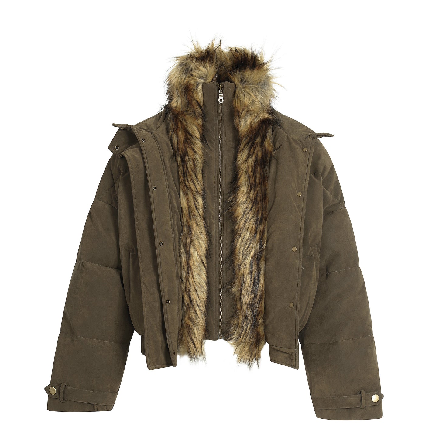 Fleece-Lined PU Leather Puffer Jacket with Fur Collar - Unisex