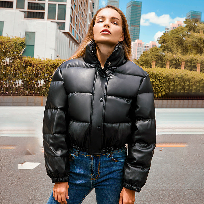 Women's PU Leather Puffer Jacket - Stand Collar Short Coat with Distressed Details