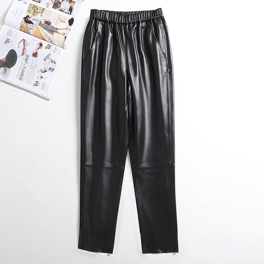 High-Waist Cropped Leather Trousers - Premium Sheepskin Straight-Leg Pants