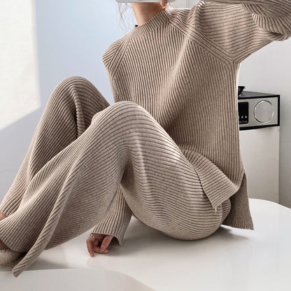 Women's Two-Piece Knitted Wide Leg Pants Set - Casual Sweater and Trousers Outfit