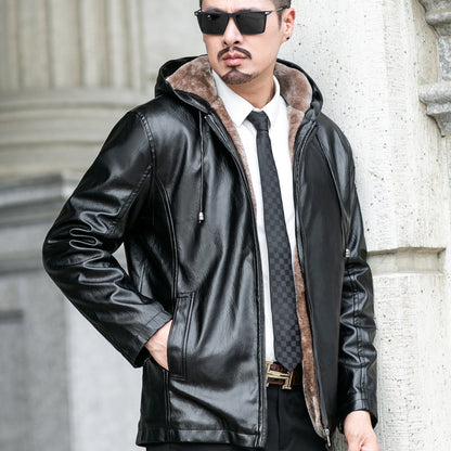 Hooded Warm Leather Jacket - Men's Fur-Lined Velvet Thickening Motorcycle Jacket