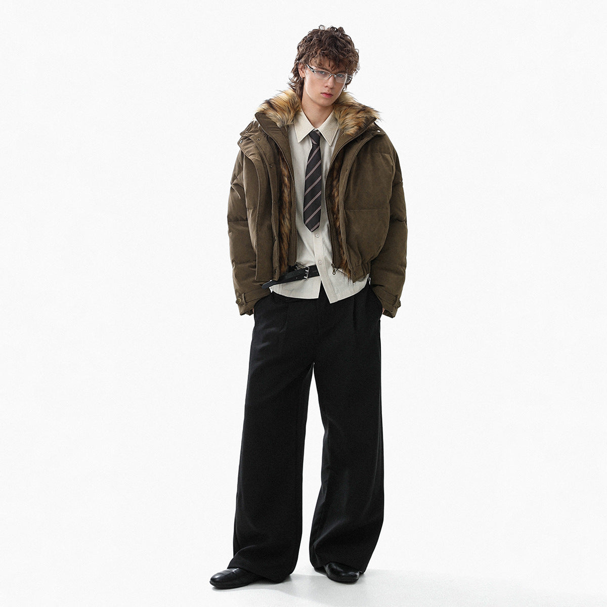 Fleece-Lined PU Leather Puffer Jacket with Fur Collar - Unisex