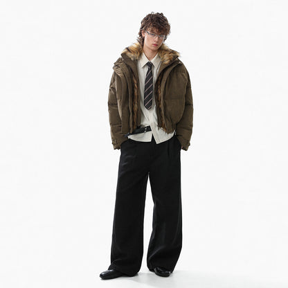 Fleece-Lined PU Leather Puffer Jacket with Fur Collar - Unisex