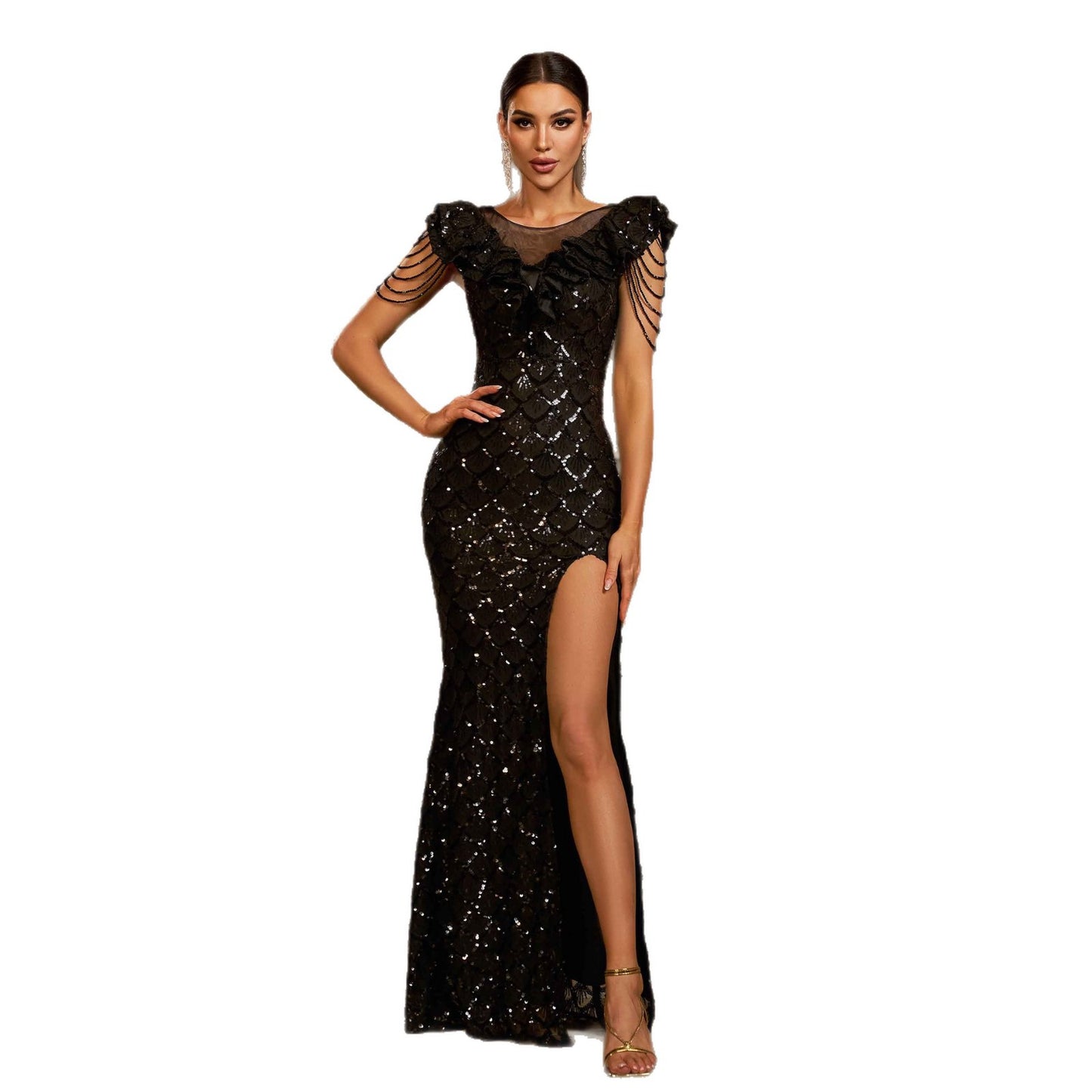 Women's Sequin Sleeveless Maxi Evening Dress – High Waist Sheath Slit Gown