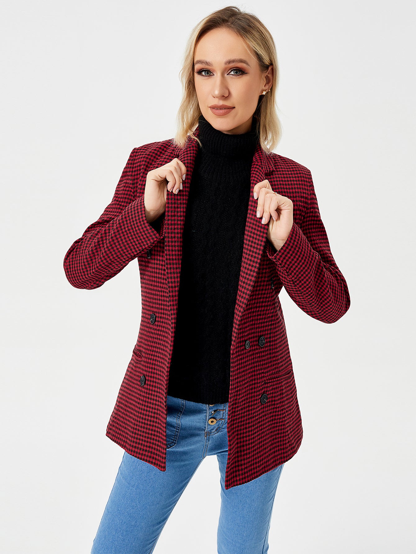 Women's Double Breasted Blazer - Long Sleeve Work Office Jacket