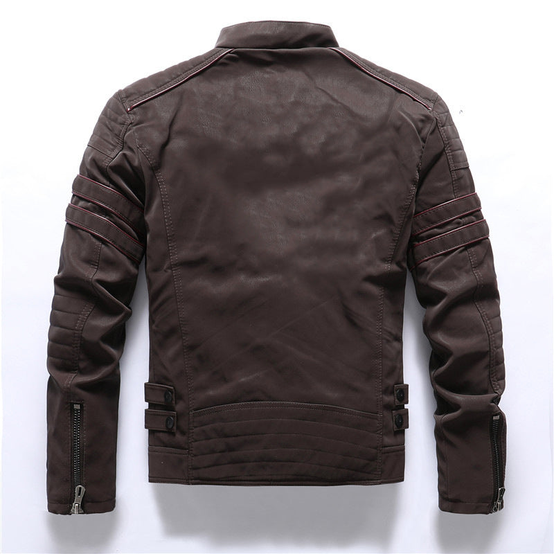 Men's Vintage PU Leather Jacket - Stand Collar Fleece Lined