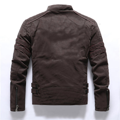 Men's Vintage PU Leather Jacket - Stand Collar Fleece Lined