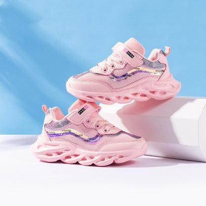 Girls' Three-Layer Mesh Sneakers | Velcro | Breathable EVA Sole | Sizes 26–37 | Pink & Orange Pink