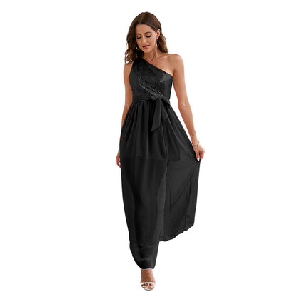 Sequin One-Shoulder Chiffon Maxi Dress - High Waist Split Hem Evening Gown