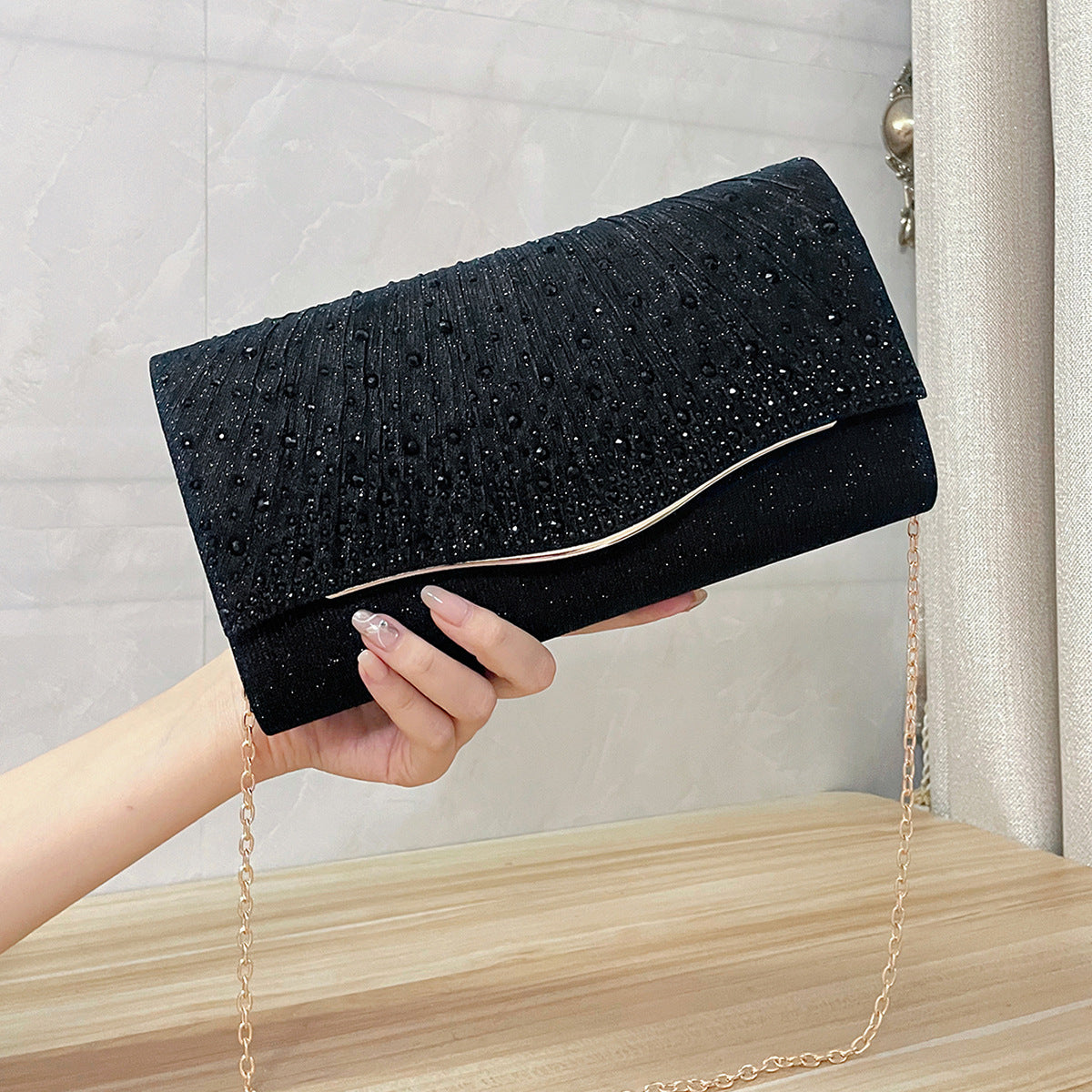 Rhinestone Evening Clutch - Woven Fabric Dinner Bag with Diamond Embellishments