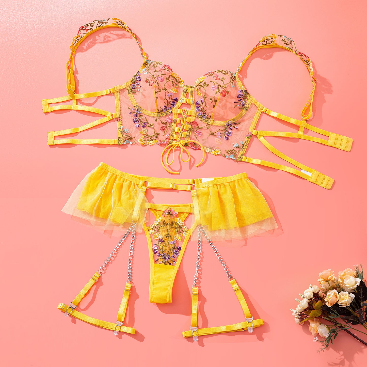Women's Embroidery Lace Bra Set with Garter - Mesh Floral Lingerie Set