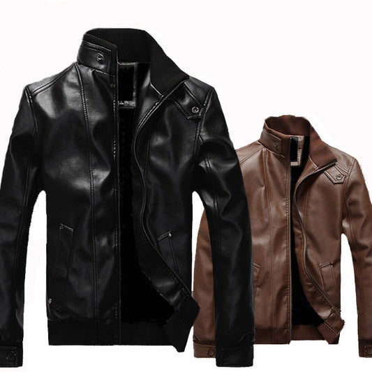 Men's Stand-Up Collar Leather Jacket - Korean Style PU Leather Padded Coat