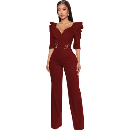 Long Sleeve V-Neck Wide Leg Jumpsuit - Women's Elegant One Piece