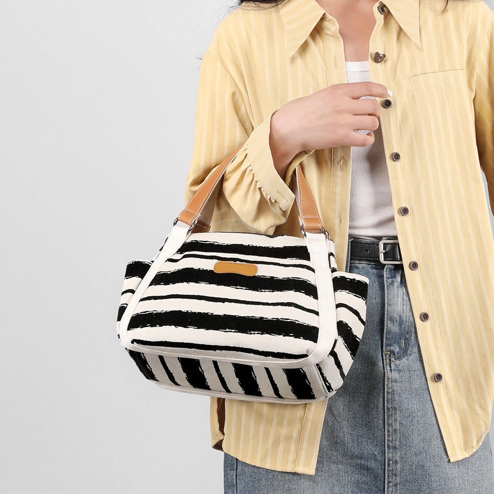 Canvas Striped Shoulder Bag - Large Capacity Handbag