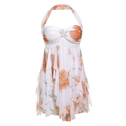 Halter Neck Backless Dress - Printed Irregular Mesh Short Dress for Summer