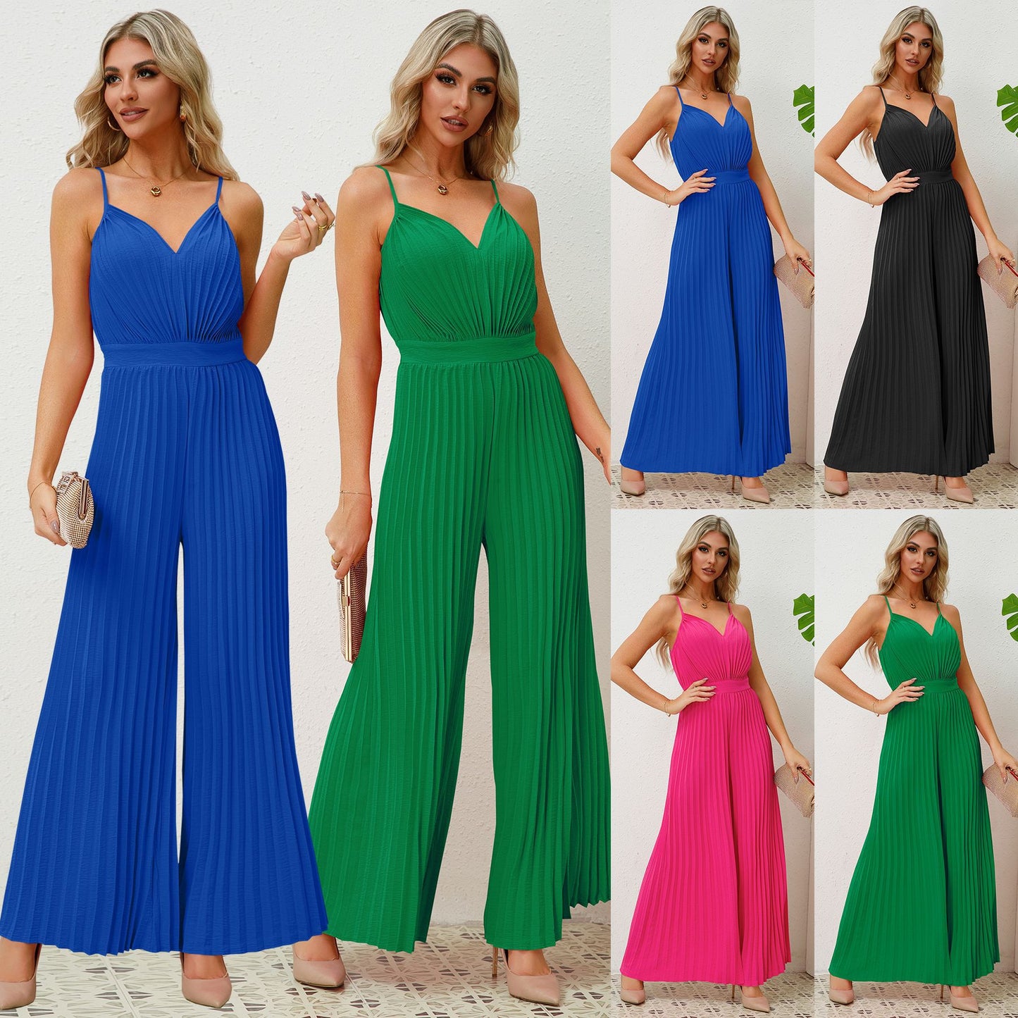 V-Neck Pleated Jumpsuit - Loose Fit Suspender Wide Leg Pants