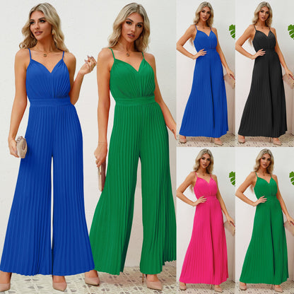 V-Neck Pleated Jumpsuit - Loose Fit Suspender Wide Leg Pants