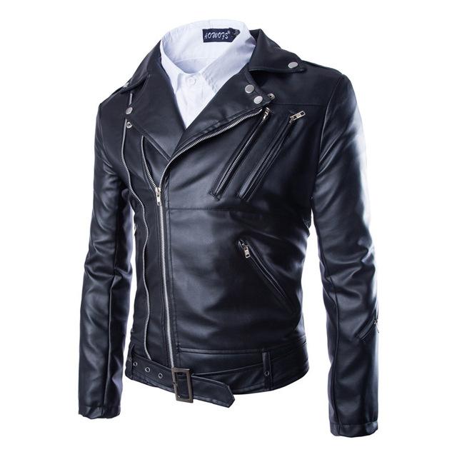 Lapel Slim-Fit Leather Coat - Men's Cowhide Jacket with Polyester Lining