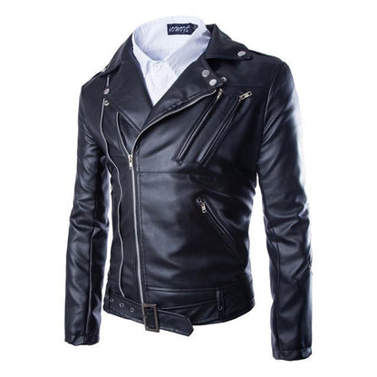 Lapel Slim-Fit Leather Coat - Men's Cowhide Jacket with Polyester Lining