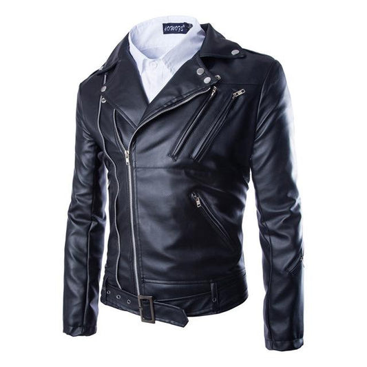 Lapel Slim-Fit Leather Coat - Men's Cowhide Jacket with Polyester Lining
