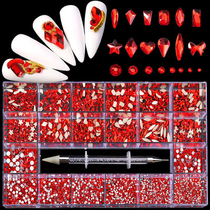 21-Grid Nail Rhinestone Decoration Set - Flat Glass Acrylic Nail Art Jewelry