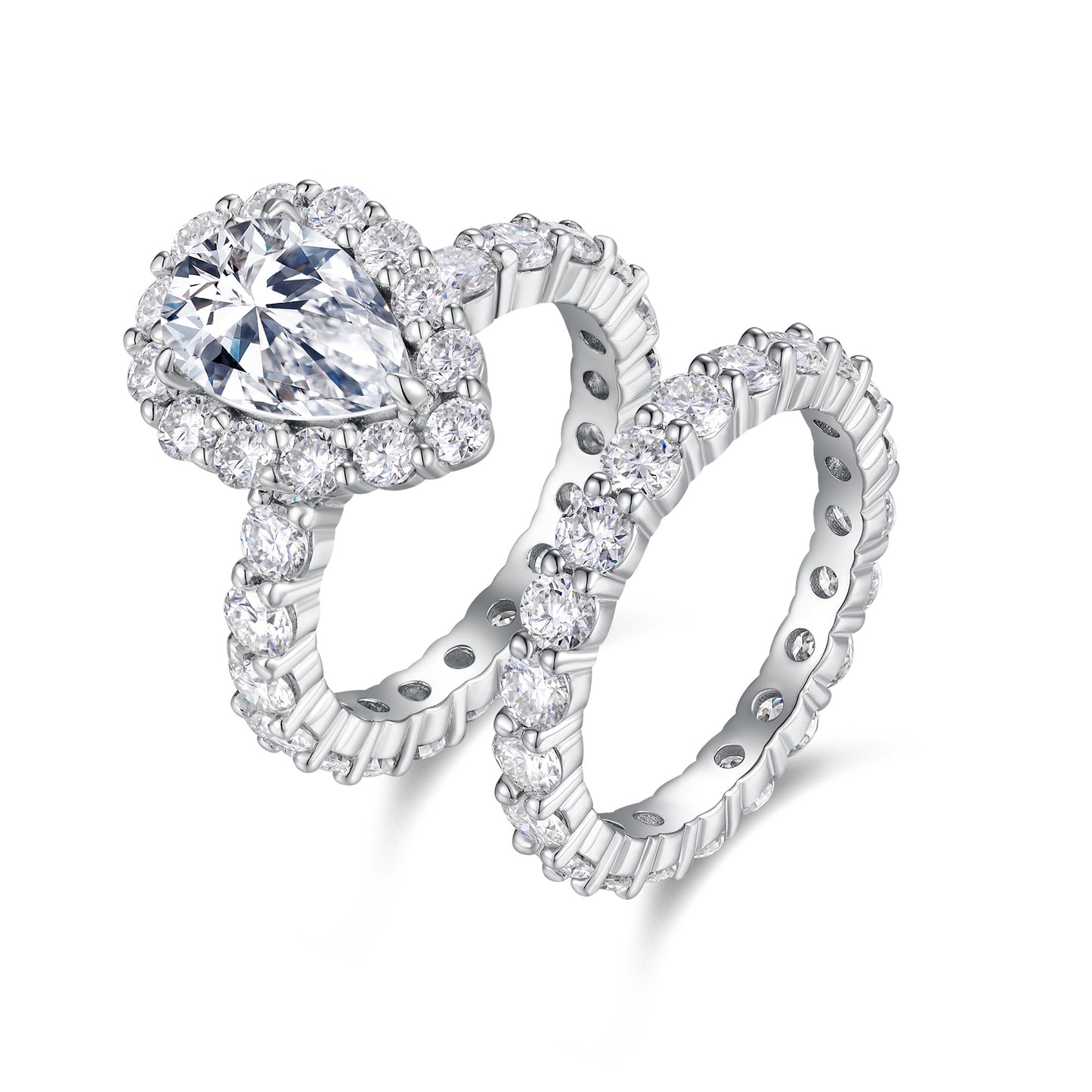 Pear-Shaped Moissanite Sterling Silver Ring - Platinum Plated Wedding Band